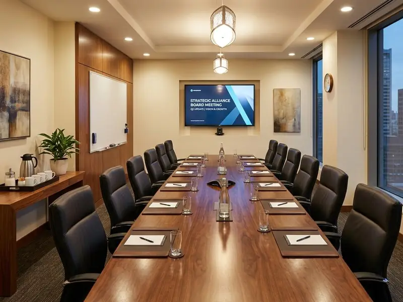 Illustrative image: boardroom with a long wooden table, leather chairs and a wall screen
