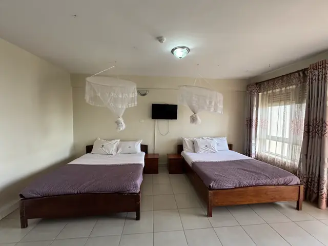 Executive Twin Room: two single beds with mosquito nets and a wall-mounted TV
